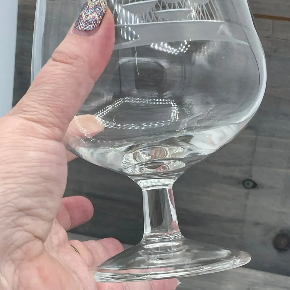 Vtg Toscany Clear Glass Brandy Snifter w/ Spout Clipper Ship Etched Nautical